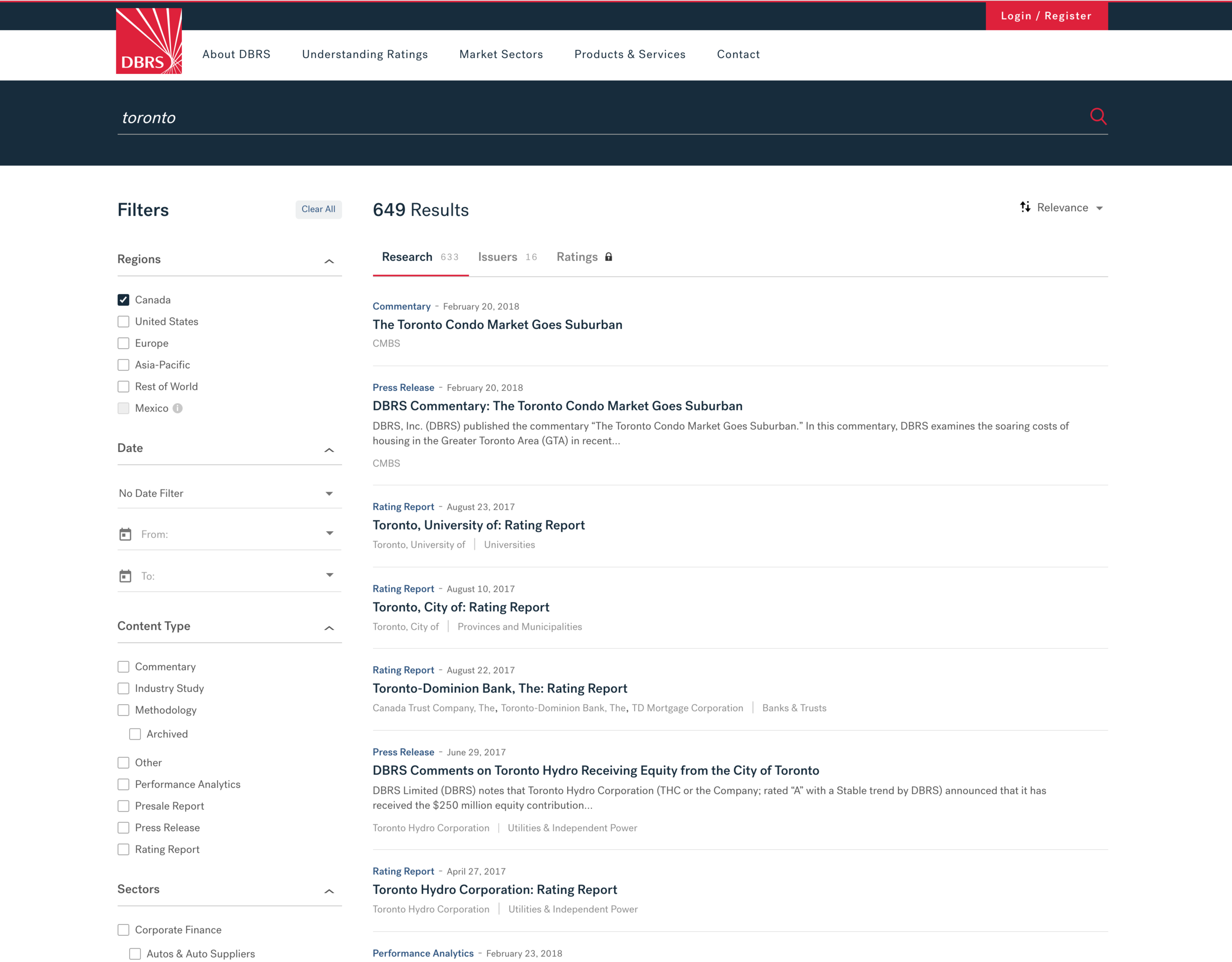 DBRS website search page